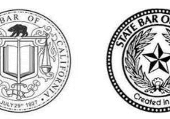 A black and white image of the state bar seal.